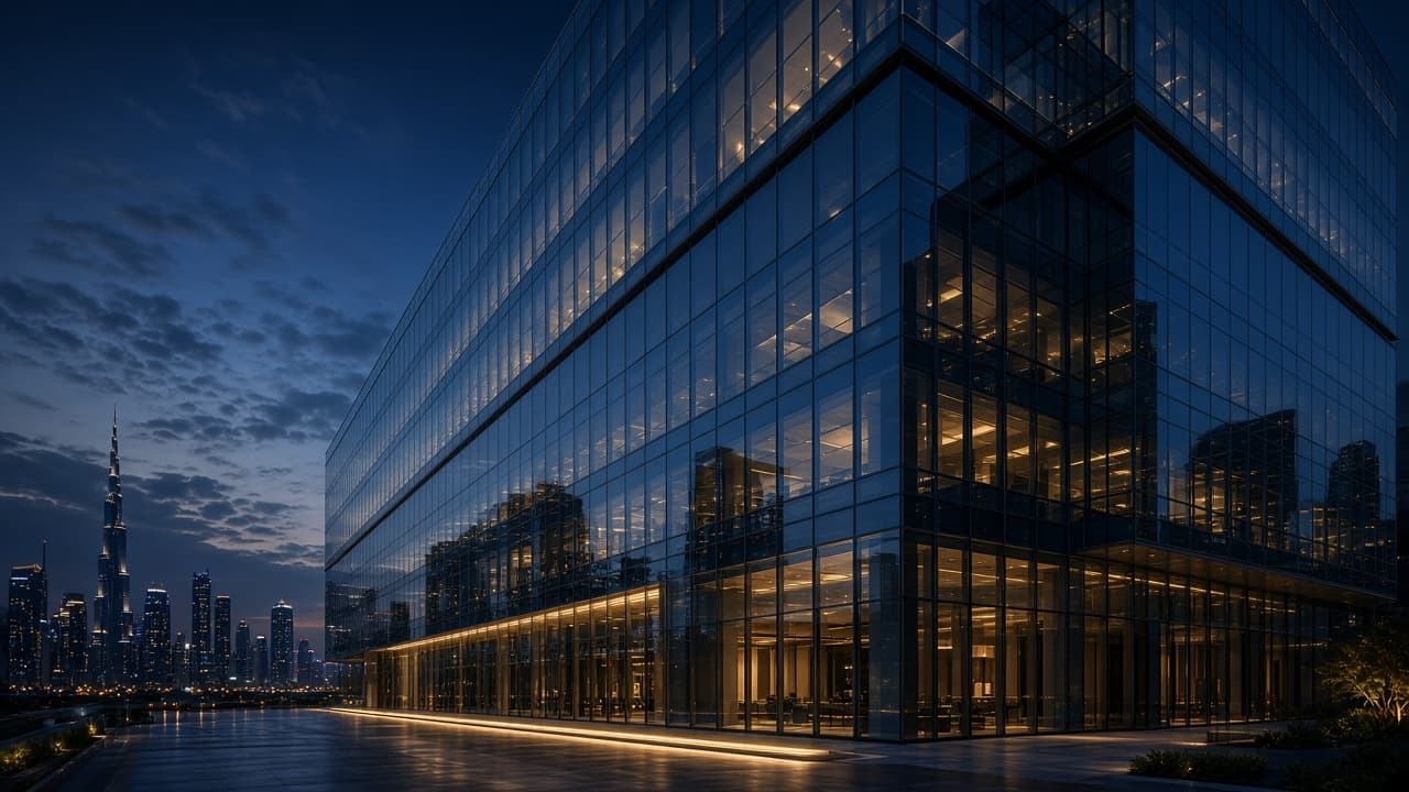 Architectural glass façade concept — supporting visual, not a labelled Al Mustajid project